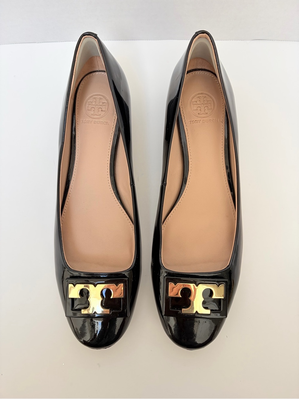 Tory Burch Gigi Pump Square Toe Block Heels Patent Leather Black Gold Size 8.5 - Picture 9 of 14